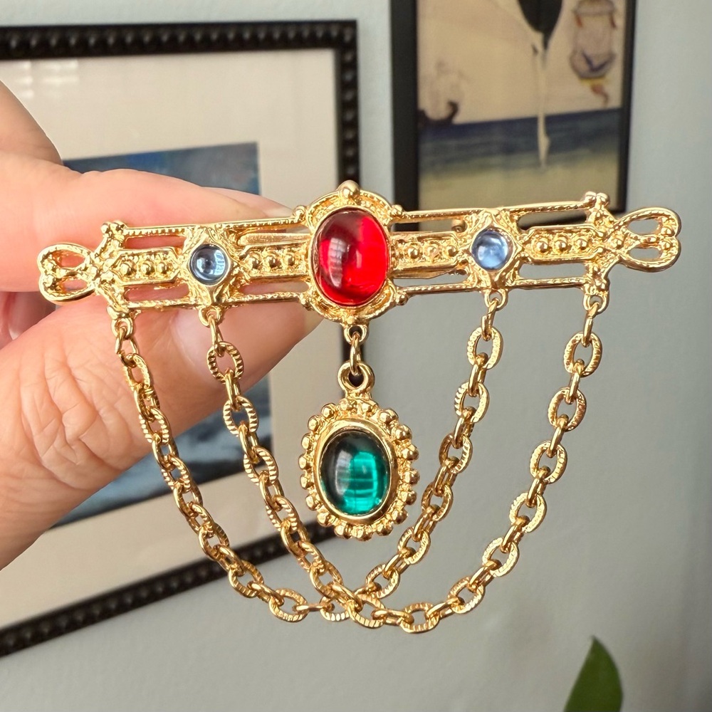 Vintage Style Goldtone Bar Pin Brooch w/ Dangling Chain Red Blue Green Cabochons